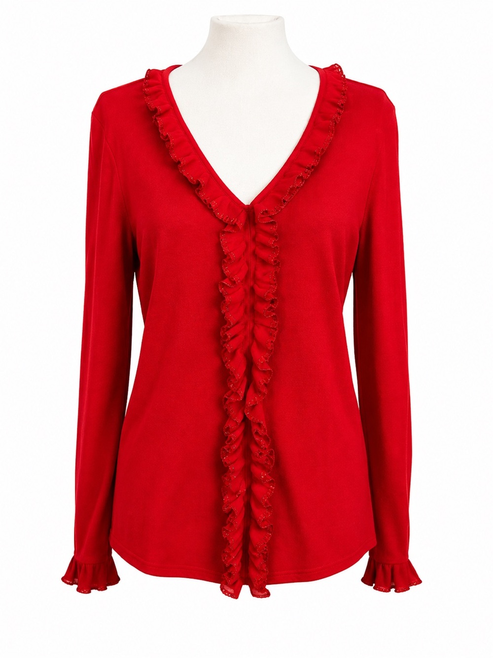 Pursuits Red V Neck Ruffle Beaded Silk Blend Long Sleeve Women’s Cardigan Medium
